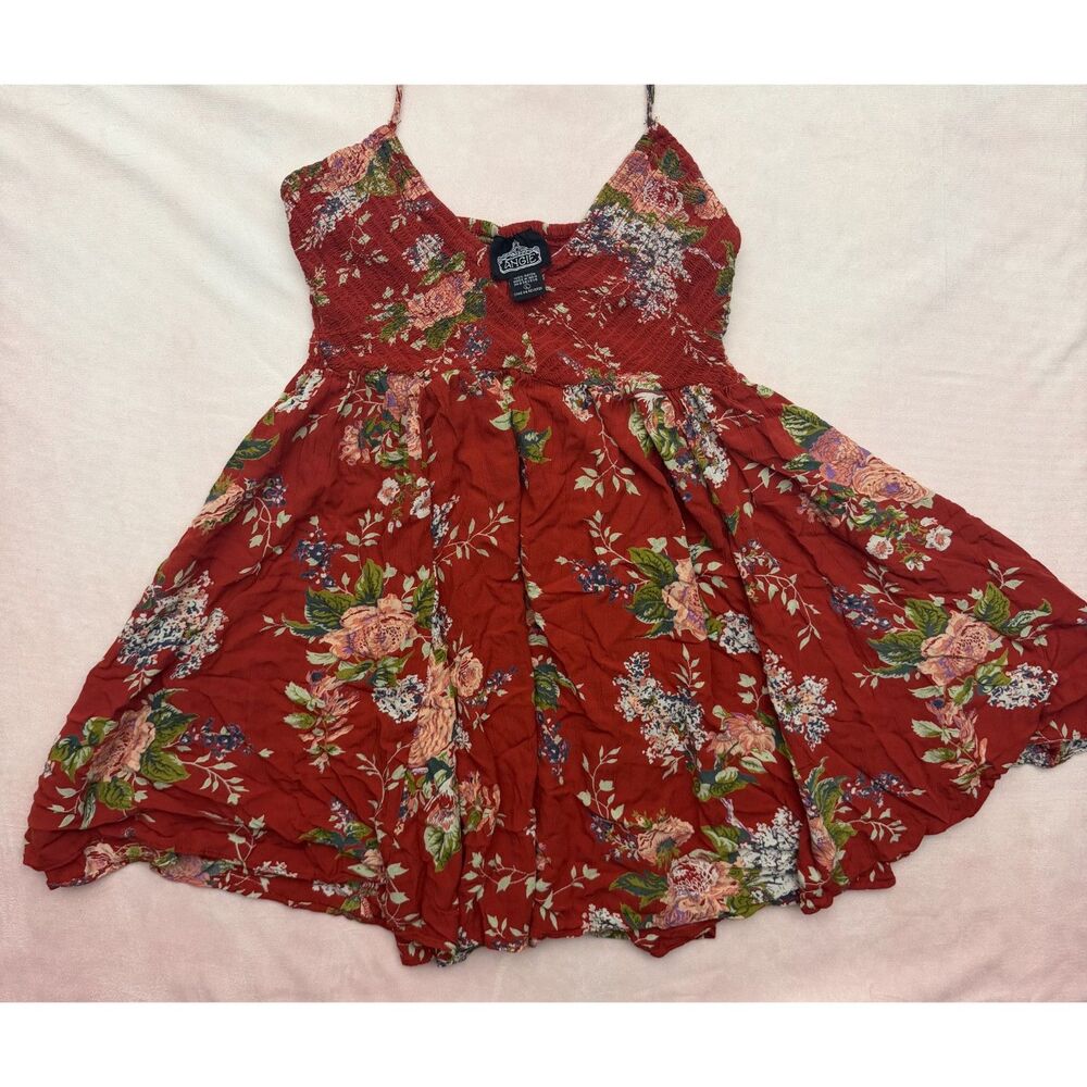 Angie Women's S Red Floral Smocked Spaghetti Strap Rayon Sundress
